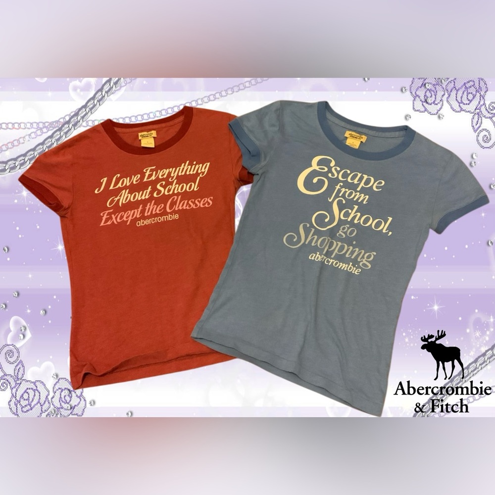Set Of 2 VTG ABERCROMBIE & FITCH Graphic Ringer Baby Tees Kids size L Y2K
